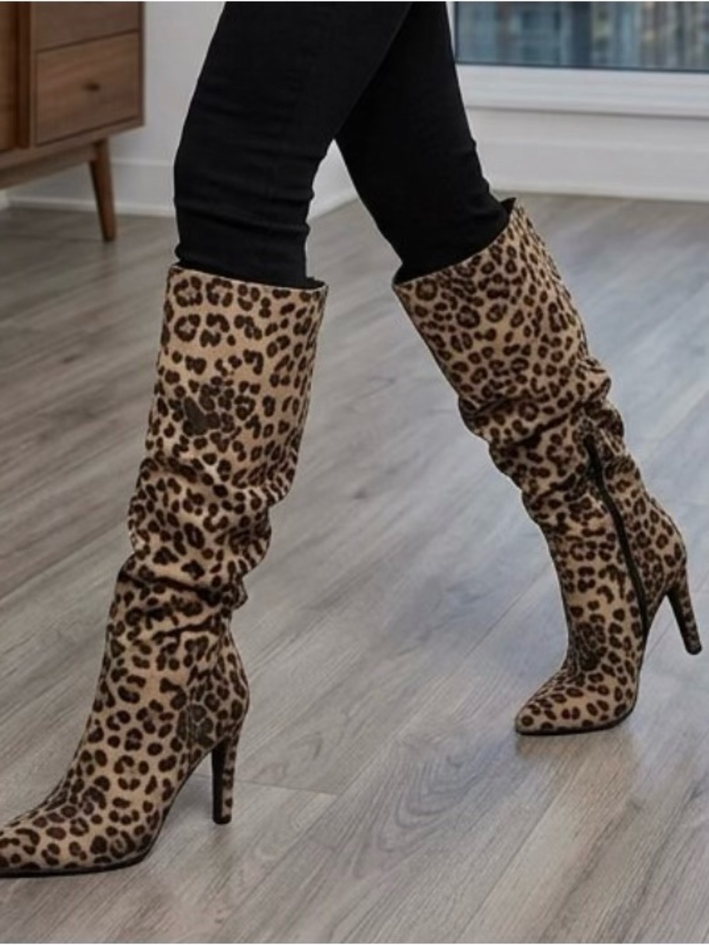NEW! Leopard Print Knee-High Stiletto Boots - Tan
